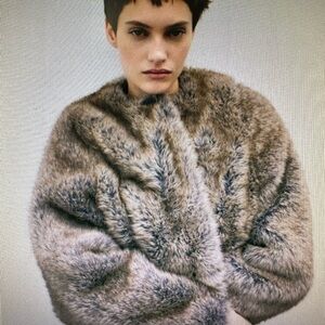 Mango Faux Fur Teddy Jacket in Brown and Gray